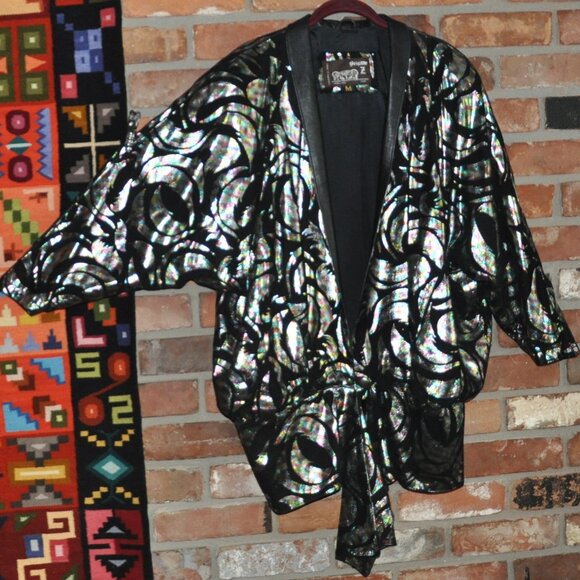 Vtg 90s Avant Garde Metallic BLACK LEATHER Bat Wing Cocoon Jacket CAR Coat M - Picture 1 of 14